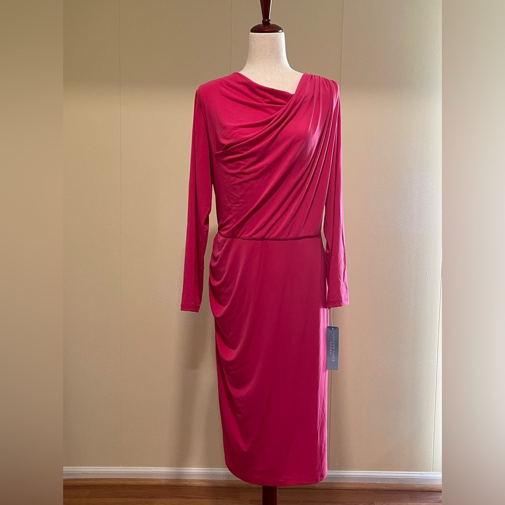 NWT London Times Woman Draped Neck Long Sleeve Jersey Dress Hot Pink Size 16W - Picture 2 of 6